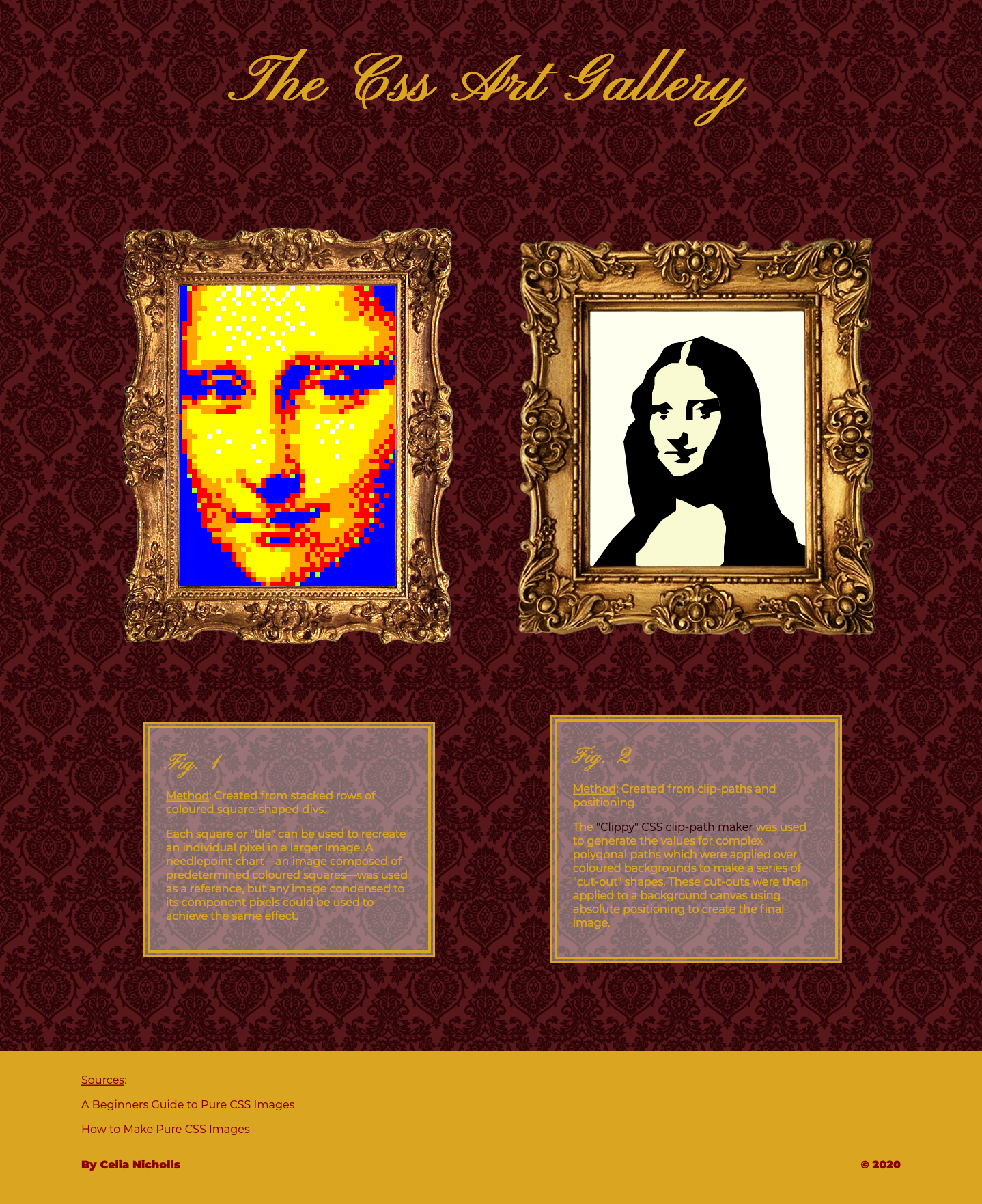 Desktop view of site featuring art generated from CSS code